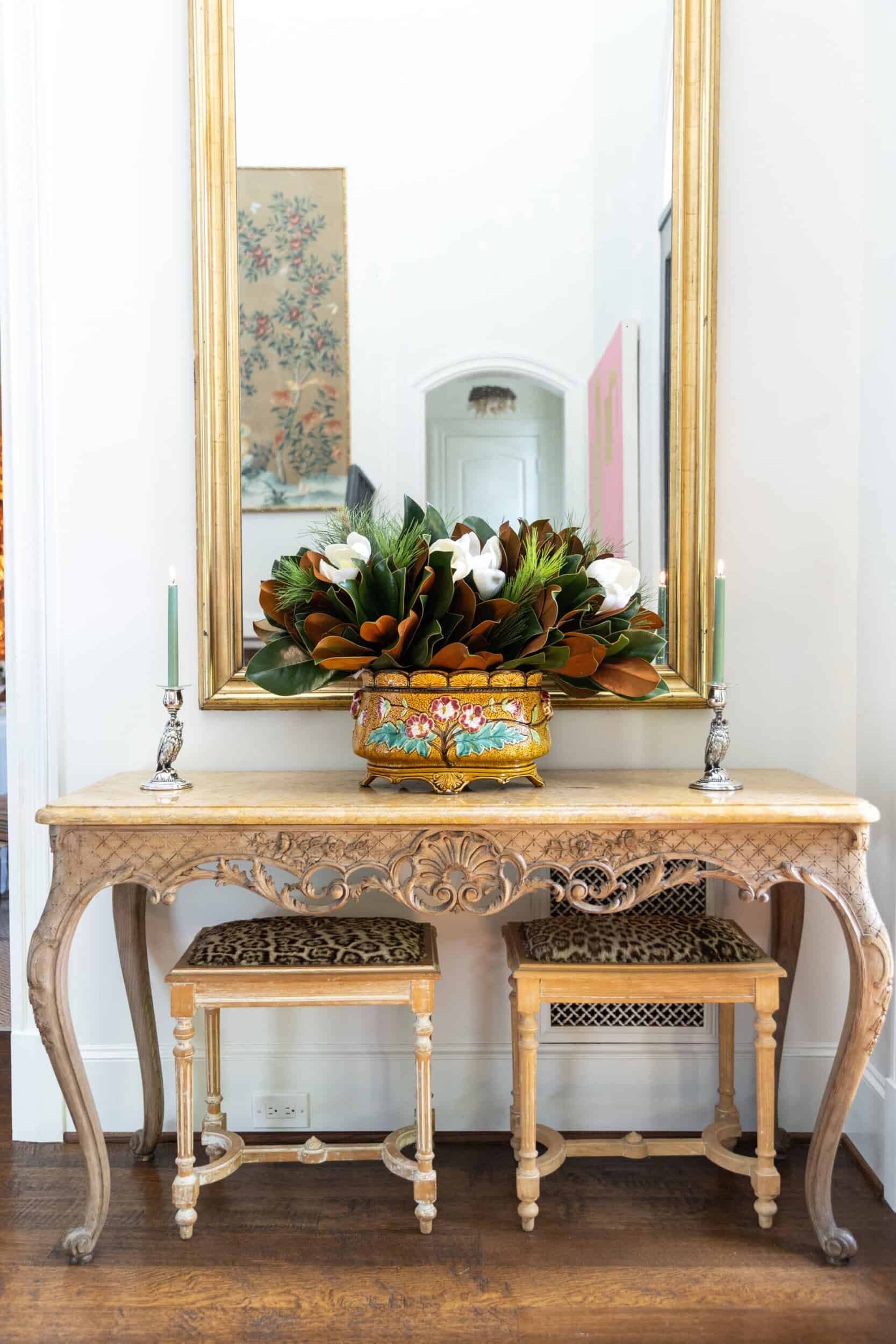 Close-up of fresh magnolia leaves and ribbon details from The Dove Collection by Weston Farms.